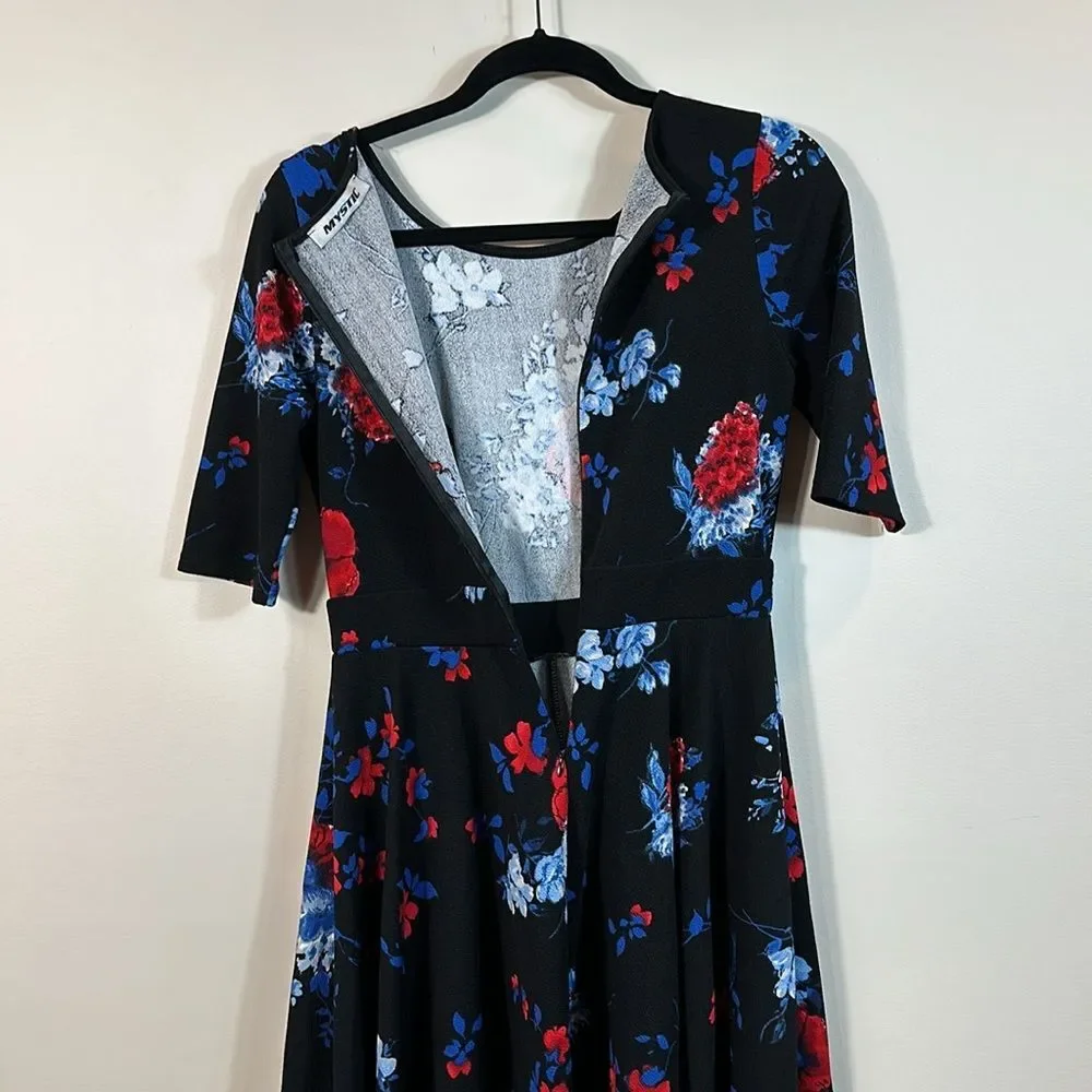 Mystic Black Floral Mini Skater Fit Flare Dress Dark Romantic Women Size Large